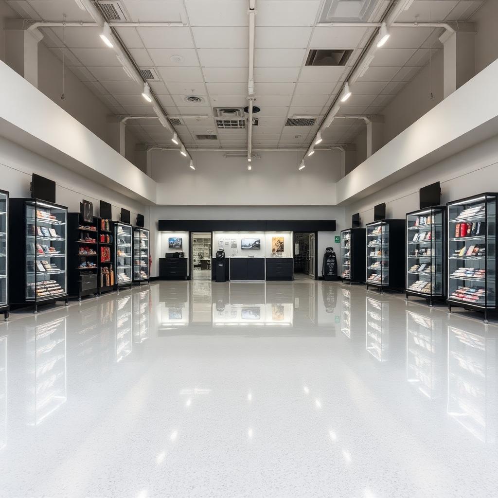 After — retail showroom concrete floor upgraded to high-gloss epoxy