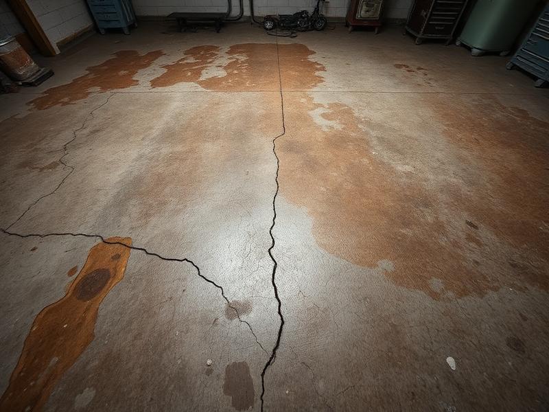 Before — cracked garage slab repaired and coated with flake epoxy