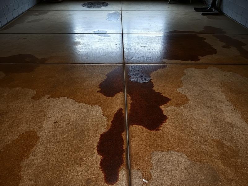 Before — oil-stained workshop floor finished with tan flake epoxy